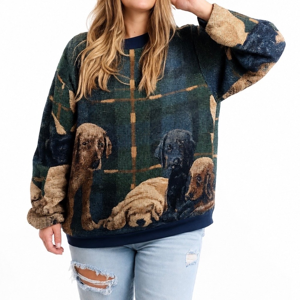 Sugar Street Weavers Mens XL Tapestry Sweatshirt Green Plaid Dog Graphic USA